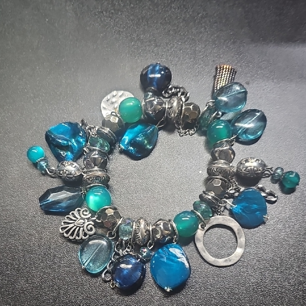 Silver Charm Bracelet with Blue and Teal Beads